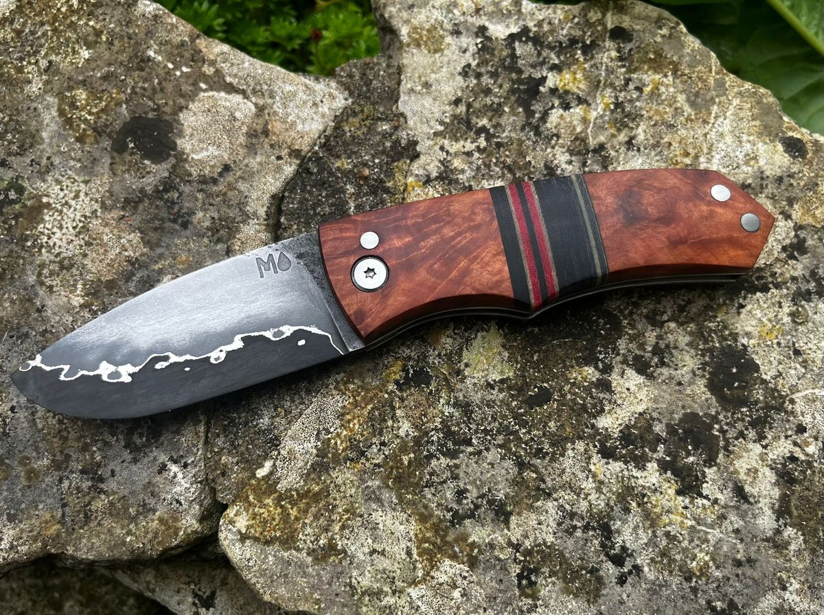Sunfish friction folder open with KWB san mai blade and eucalyptus burl handle